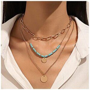 Boho Layered Necklace with Turquoise Beads and Chain Accents